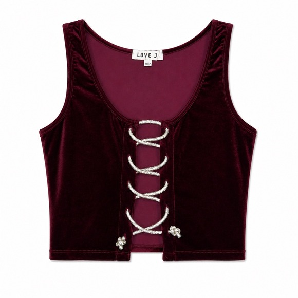 love J Tops - Love J Velvet Lace Up Crop Top Burgundy Sleeveless Large